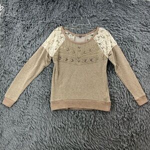 Miss Me Sweatshirt Womens Small Lace Insert Embellished Aztec Southwestern Tan